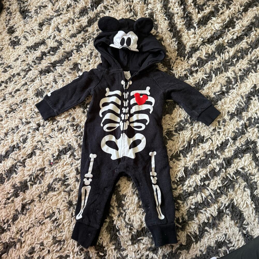 Disney Skeleton Mickey Mouse Hooded Romper Halloween Outfit Baby Boy 6-9 Months
